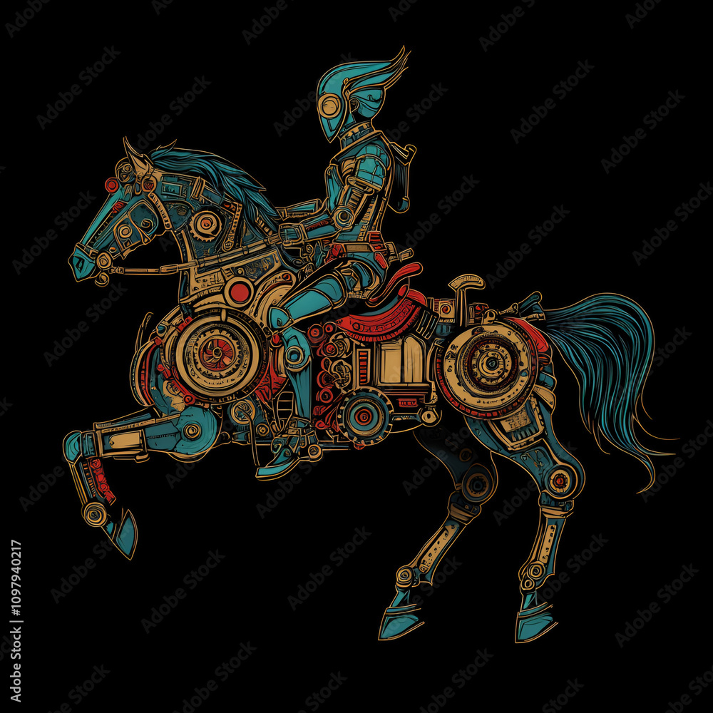 Poster retrofuturistic knight on mechanical steed digital art futuristic setting dynamic viewpoint action-p