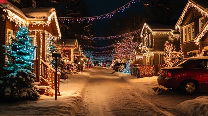 Obraz premium Snowy street with houses decorated with Christmas lights background for document