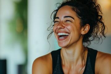 Happy young Latin woman yoga coach laughing standing in yoga gym studio. Smiling fit Hispanic lady in her 30s advertising yoga classes. Sporty healthy female trainer wearing sportswear looking away.
