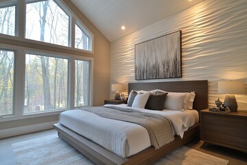 Fototapeta premium Modern scandi master bedroom with light white oak wallpaper ceiling chic natural and neutral tones w wooden bed organic accents generative ai