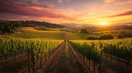 Naklejka premium sprawling vineyards bathed in golden light during sunset, with rows of grapevines adorned in autumn hues of red, orange,