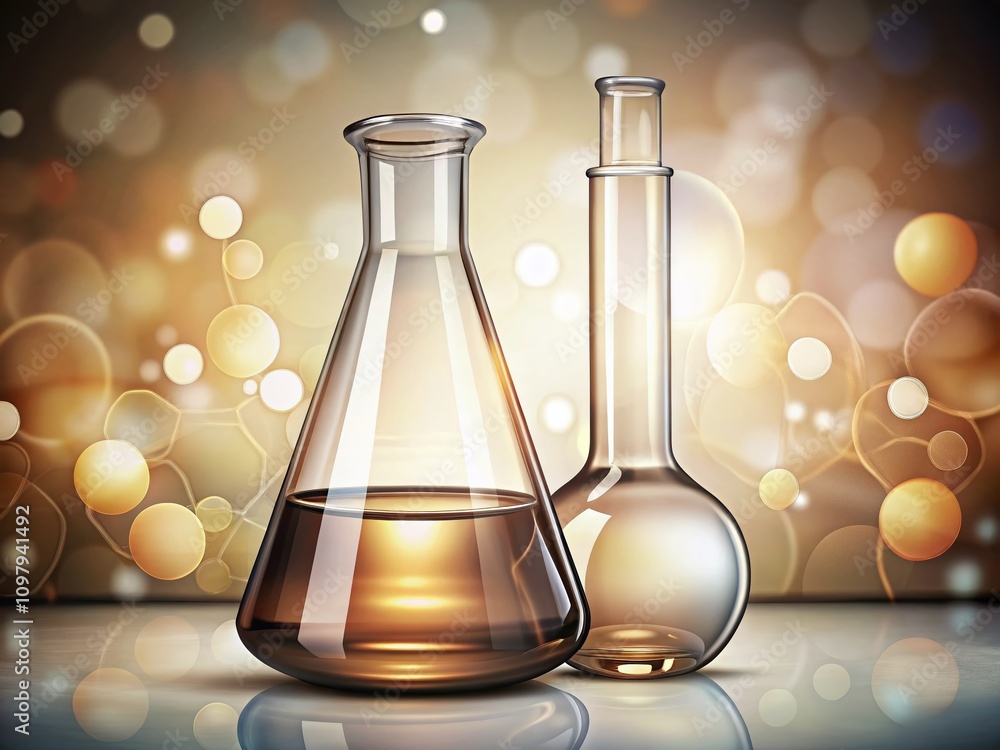 Poster outline drawing of chemical conical flask and round flask with bokeh effect on white background for 