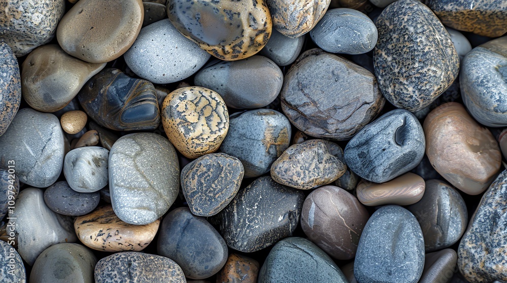 Poster a collection of smooth, rounded stones of various colors and patterns.