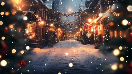 Obraz premium Snowy village street with Christmas decorations and lights background for document