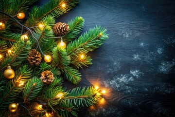 Decorative Pine Branch with Glowing Lights for Winter Festivities, Cozy Atmosphere, Dark Background, Holiday Decor, Christmas Spirit, Warm Glow, Nature Inspired, Seasonal Aesthetics