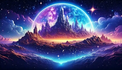 宇宙、ファンタジー、城、星空、銀河、夜空、幻想的、神秘的、光、天体、山、美しい、風景、広大、背景  