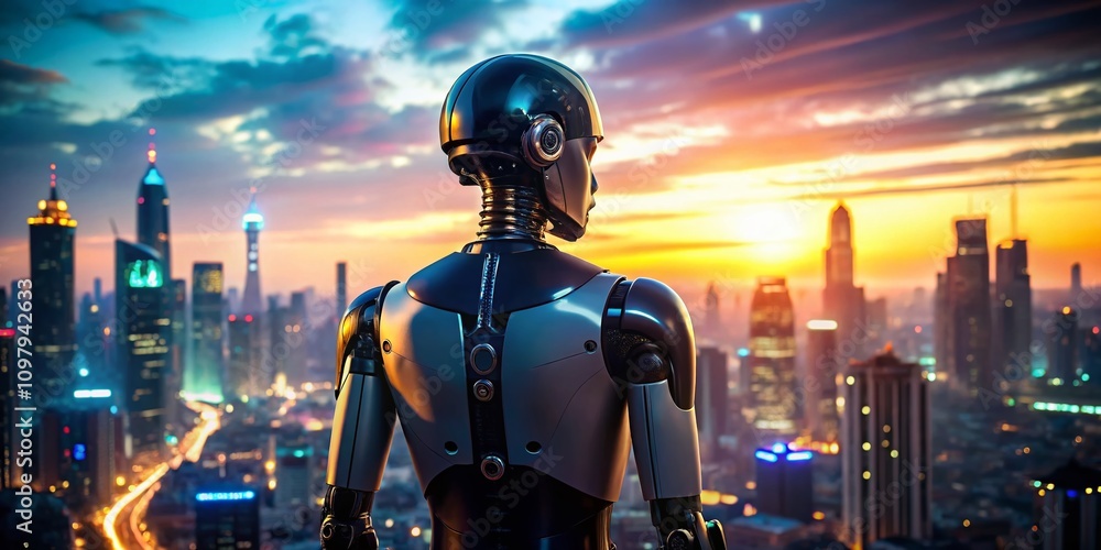 Poster panoramic view of a humanoid robot in a black jacket gazing over a futuristic cityscape at dusk with