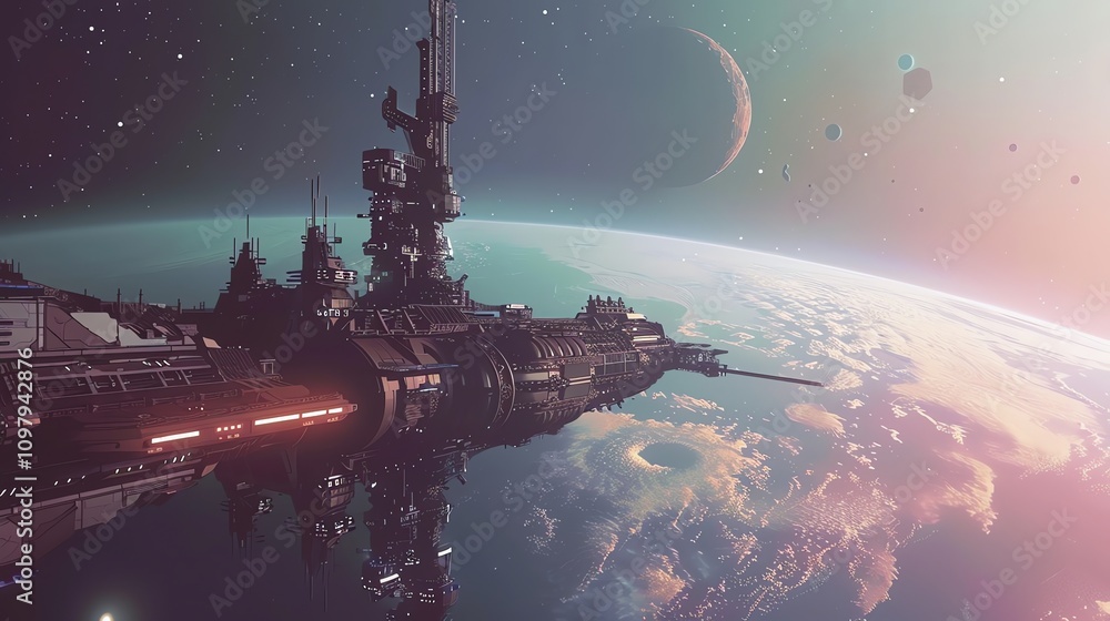 Poster a spaceship in orbit around a planet with a crescent moon and stars in the background.