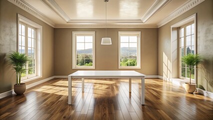Fototapeta premium Panoramic View of a Spacious Empty Room Featuring a Large White Square Table and a Bright Window Illuminating the Space with Natural Light