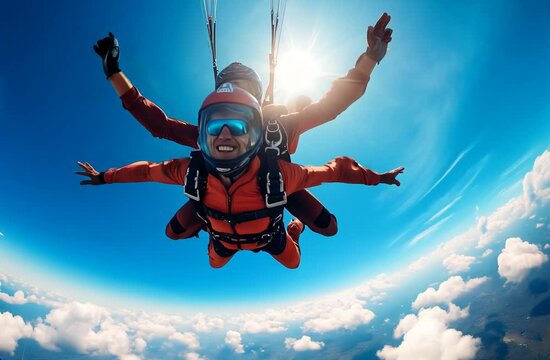 Skydiving Adventure Tandem Jumping Through Clouds Under Bright Blue Sky