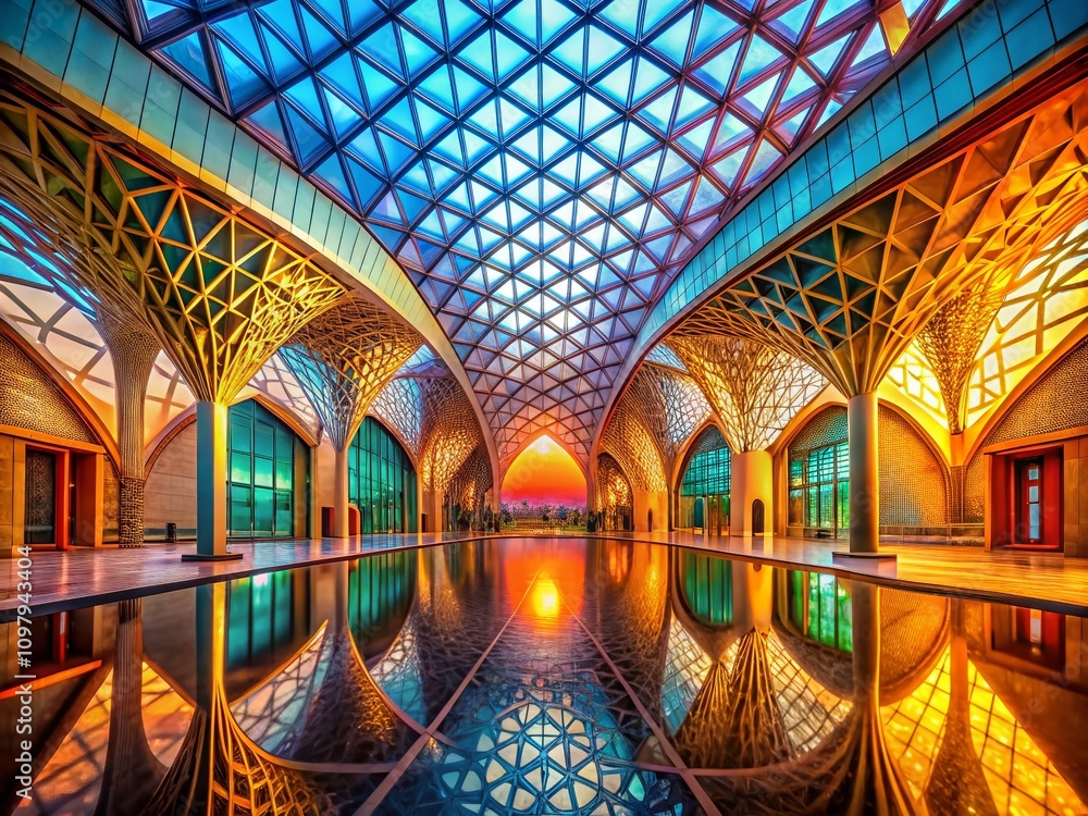 Poster panoramic view of an empty building structure featuring intricate geometric designs and 3d rendered 