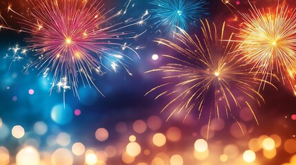 Fototapeta premium New Year Eve fireworks over a festive cityscape background for document
