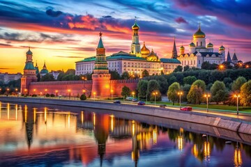 Fototapeta premium Panoramic View of Moscow Kremlin at Dusk Showcasing Stunning Architecture, Historical Significance, and Vibrant City Life with Illuminated Towers and Scenic River Reflections