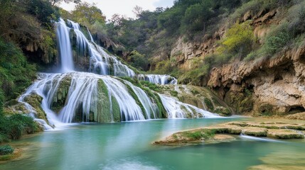 Obraz premium Serene Multi Tiered Waterfall Cascades Down Rocky Cliffs