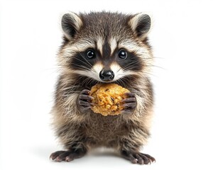 Fototapeta premium Chubby Raccoon Standing Upright Holding a Piece of Food with Mischievous Expression on White Background