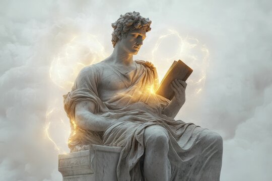 Stone statue reads ancient book; glowing light.