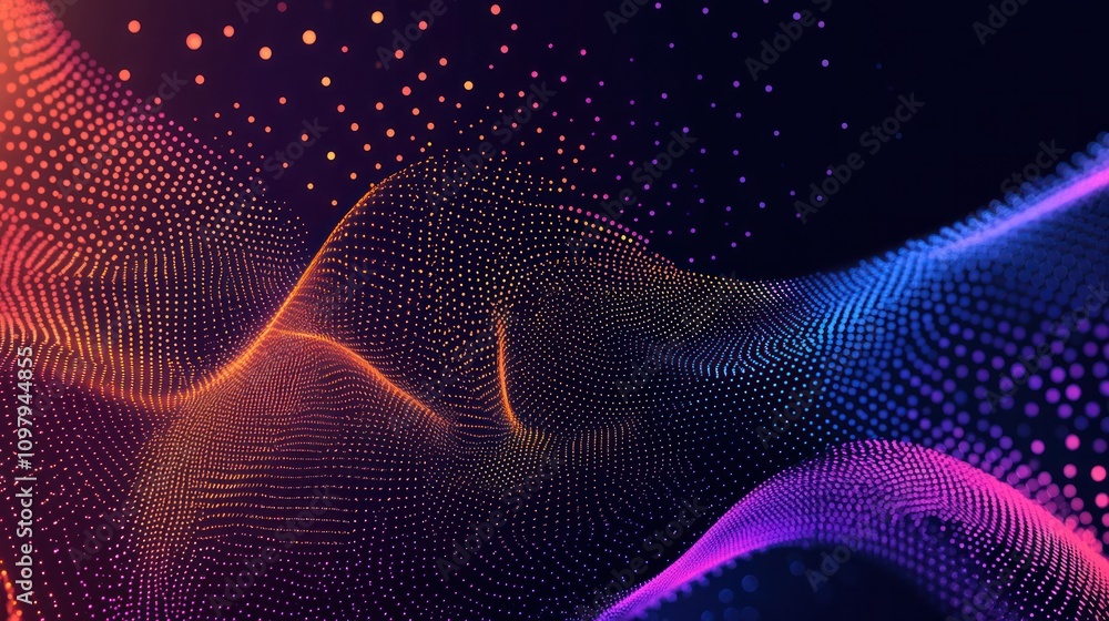 Poster a series of dots connected by fluid gradient lines, creating a sophisticated wave pattern.