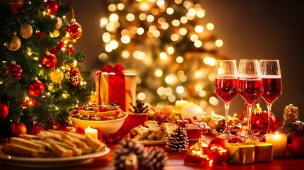 Christmas dinner table with a spread of holiday dishes background for document