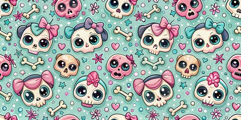 Pastel Goth Background Pattern Featuring Cute Big-Eyed Girly Skulls and Crossbones for Trendy Food Photography and Creative Projects