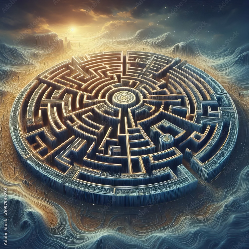 Poster the labyrinth a complex puzzle like structure symbolizing the jo