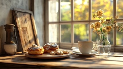 CafÃ© food and drinks setup with pastries and hot beverages, capturing a cozy morning scene