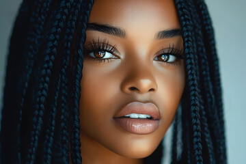 A close-up portrait of a beautiful black woman with long black braids. She has on a soft, natural makeup look with long lashes and lip gloss. The photo is shot from a slightly low angle, giving the vi