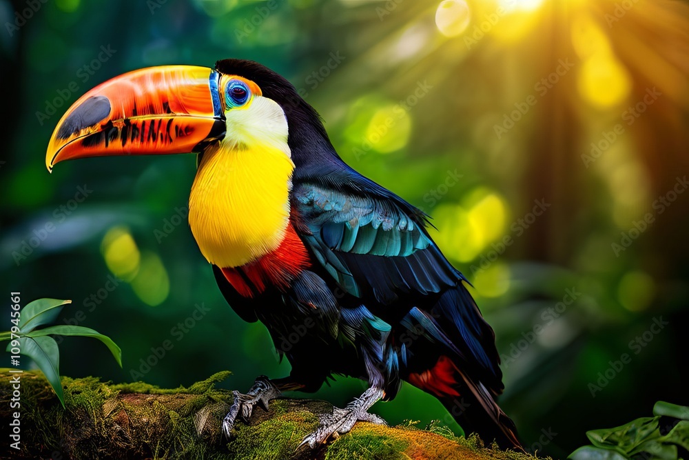 Poster toucan note a colorful toucan with a green forest background and