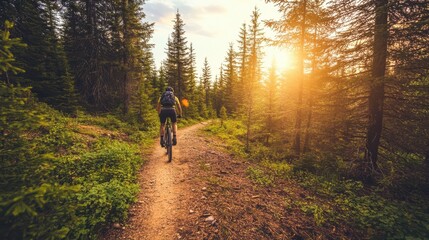 Fototapeta premium A cyclist rides along a forest trail at sunset, surrounded by tall trees and greenery.