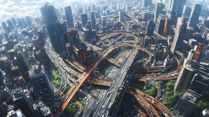 Obraz premium Aerial view of bustling city with intricate highway system and modern skyscrapers.