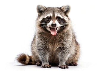 Fototapeta premium Humorous Full Body Photo of a Raccoon Sticking Out Its Tongue in Low Light Photography Style for Creative Projects and Animal Lovers