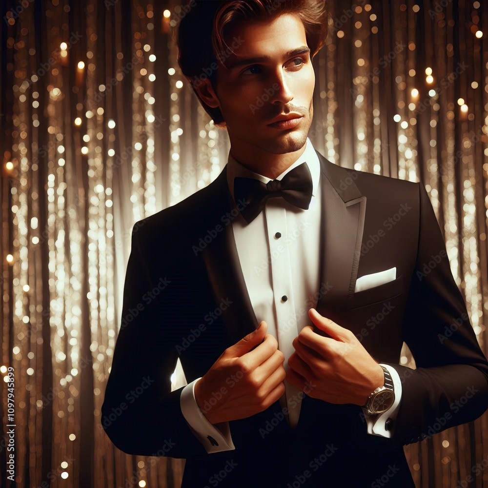 Poster tuxedo evening in a tuxedo posing elegantly with a smooth serene