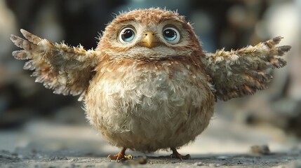 Comical Chubby Owl Mid Flight with Unbalanced Appearance on White Background