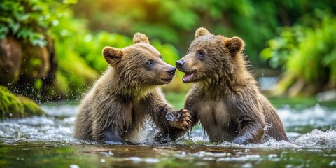 Obraz premium Playful Chubby Baby Bear Cubs Wrestling in a Forest Stream Surrounded by Lush Greenery and Gentle Water Flow, Capturing the Joyful Spirit of Nature and Wildlife