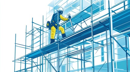 Fototapeta premium Construction Worker on Scaffolding Illustration - High-Rise Building Project