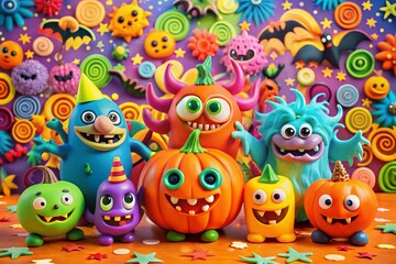 Fototapeta premium Playful Halloween Monsters with Cheerful Faces on Colorful Patterns for Festive Decor and Celebrations