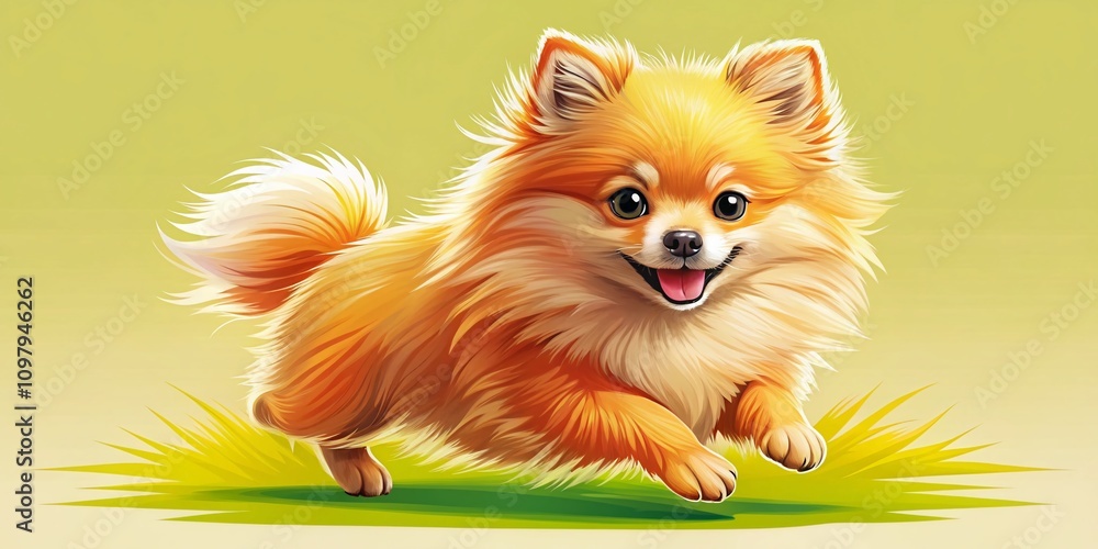 Poster playful spitz puppy in motion on isolated background captured with rule of thirds for dynamic visual