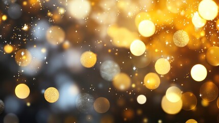 An elegant abstract Christmas bokeh background that highlights glowing circles and twinkling lights in a harmonious blend of gold and silver hues.