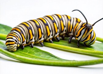 Portrait of a Monarch Butterfly Caterpillar on a Clean White Background, Showcasing Its Unique Stripes and Texture in a Stunning Close-Up Image for Nature Enthusiasts and Educators