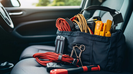 Emergency car kit with tools and supplies on vehicle seat