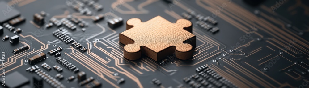 Poster a close-up of a metallic puzzle piece resting on a circuit board, symbolizing technology and problem