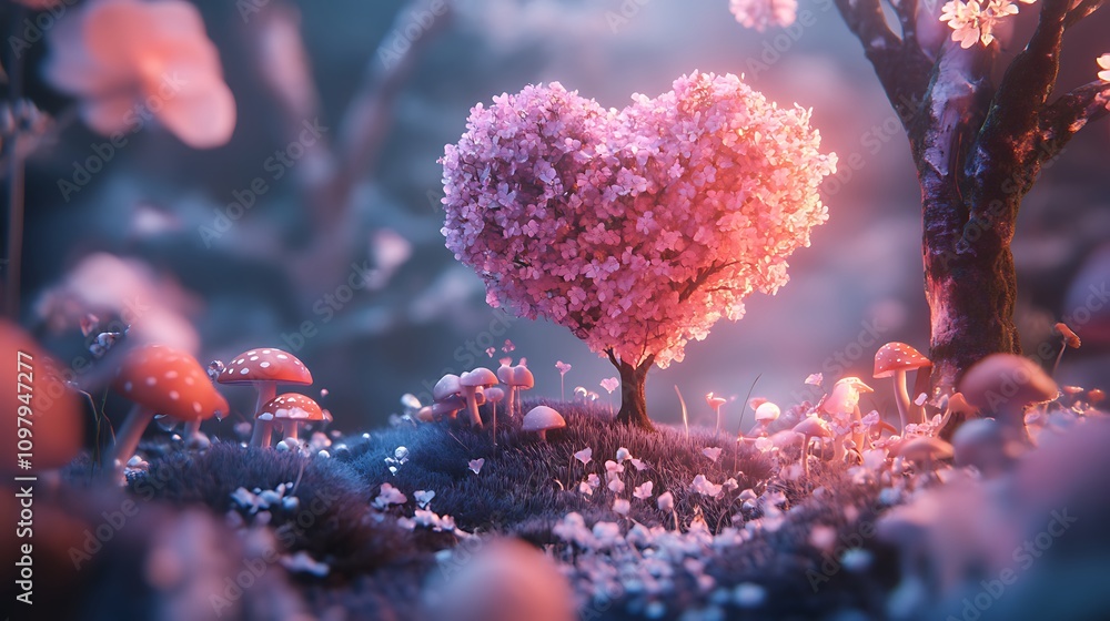 Poster heart shaped tree in a magical forest setting