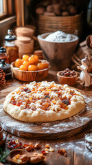 Rustic homemade fruit tart preparation with dried fruits and flour in a cozy kitchen