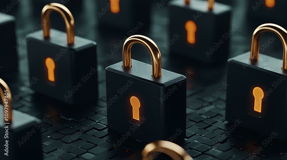 Aufkleber the image contains numerous dark-colored padlocks with illuminated keyholes, suggesting a concept re
