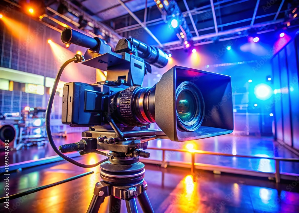 Poster professional television camera with large lens on tripod during a recording session, showcasing a dy