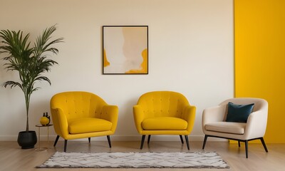 Sunny Living Room with Yellow Accent Wall and Armchairs, Generative AI