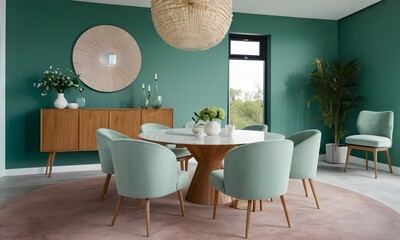 Luxury Dining Room with Green Walls and Round Table, Generative AI