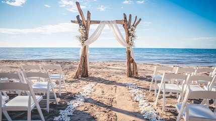 Romantic Beach Wedding Ceremony with Driftwood Arch and Ocean View