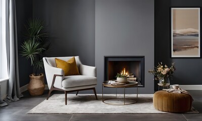 Cozy Living Room with Fireplace and Dark Walls, Generative AI