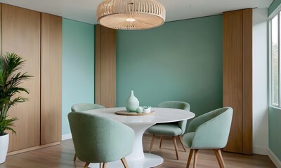 Serene Dining Room with Mint Green Walls, Generative AI