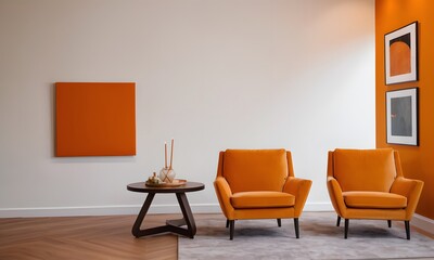 Modern Living Room with Orange Accent Wall, Generative AI
